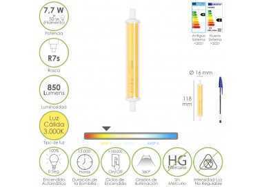 Bombilla Led Para Focos Rosca R7S. 7,7 Watt. Equivale a 50 Watt. 850 Lumenes. Luz Cálida (3000º K.)