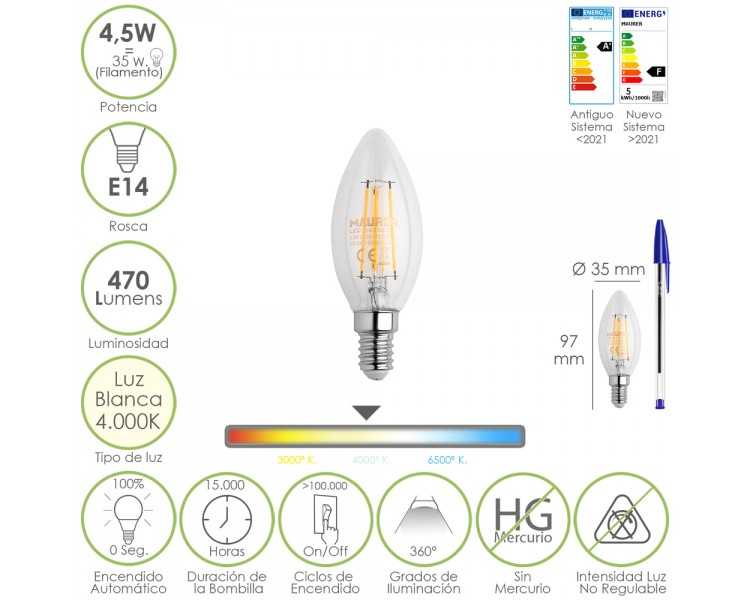 Bombilla Led Filamento Vela Rosca E14. 4,5 Watt. Equivale A 35 Watt. 470 Lumenes. Luz Neutra 4000º K.
