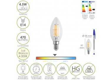 Bombilla Led Filamento Vela Rosca E14. 4,5 Watt. Equivale A 35 Watt. 470 Lumenes. Luz Neutra 4000º K.