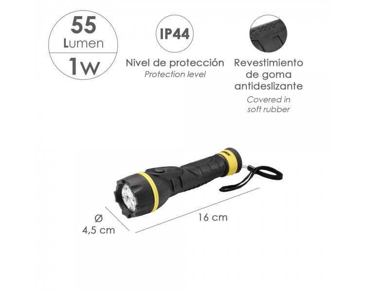 Linterna LED De Mano Goma Antideslizante A Pilas (2 AA) 55 Lumenes 1 Watt. Protección Ip44