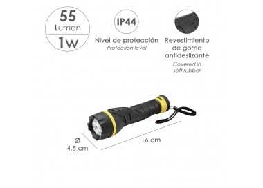 Linterna LED De Mano Goma Antideslizante A Pilas (2 AA) 55 Lumenes 1 Watt. Protección Ip44
