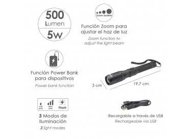 Linterna LED De Mano Con Bateria Recargable Con Función Powerbank ( 2.000 mAh) 500 Lumenes (5 Watt.) Con Función Zoom