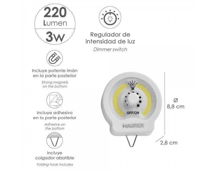 Linterna LED Armario Dinmerable A Pilas (3 AAA) 220 Lumenes Con Iman, Gancho y Adhesivo