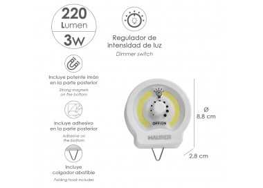 Linterna LED Armario Dinmerable A Pilas (3 AAA) 220 Lumenes Con Iman, Gancho y Adhesivo