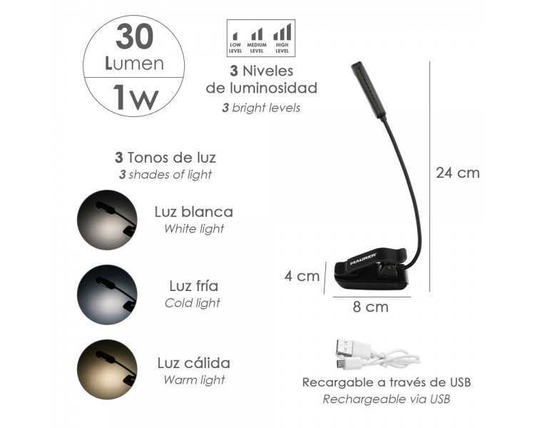 Linterna LED De Mesa / Lectura  Bateria Recargable (1.000 mAh) 30 Lumenes Con Clip, 3 Tonos De Luz y 3 Niveles De Luminosidad
