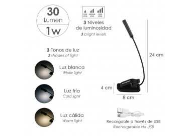 Linterna LED De Mesa / Lectura  Bateria Recargable (1.000 mAh) 30 Lumenes Con Clip, 3 Tonos De Luz y 3 Niveles De Luminosidad