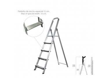 Escalera Doméstica Aluminio Profesional 5 Peldaños 12 cm Grosor.