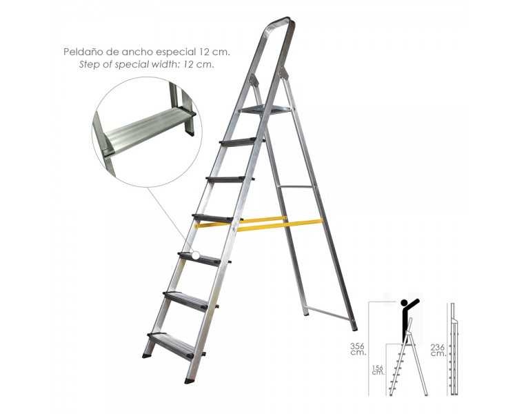 Escalera Doméstica Aluminio Profesional 7 Peldaños 12 cm Grosor.