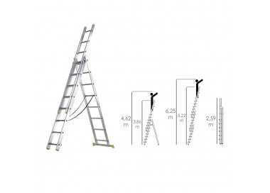 Escalera Aluminio 3 Tramos 9+9+9 Peldaños.Plegable, Telescópica, Antideslizante, Resistente.