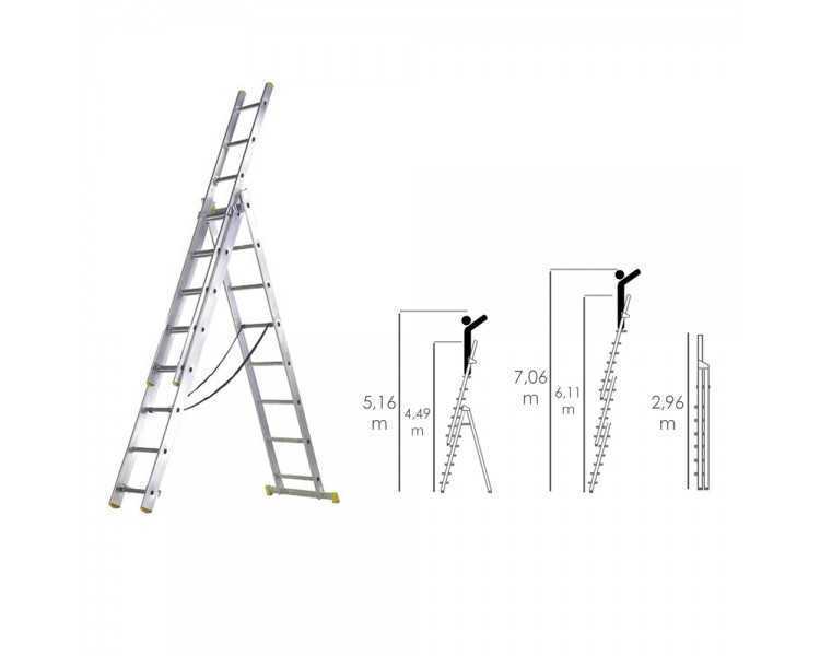 Escalera Aluminio 3 Tramos 10+10+10 Peldaños.Plegable, Telescópica, Antideslizante, Resistente.