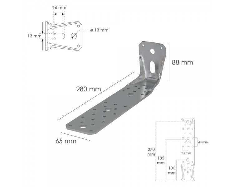 Soporte Para Madera Con Angulo Reforzado 65x88x285 mm. Conector Angular, Escuadra Fijación, Zapata Madera Soporte Pergola Madera