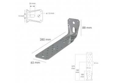 Soporte Para Madera Con Angulo Reforzado 65x88x285 mm. Conector Angular, Escuadra Fijación, Zapata Madera Soporte Pergola Madera