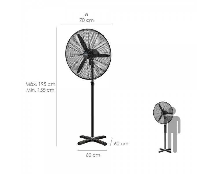 Ventilador Pie Ø 70 x195 cm. Negro 190 W. Oscilación Automatica, Altura Regulable, Cabezal Inclinable, Base Estable 60x60 cm.