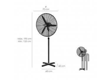 Ventilador Pie Ø 70 x195 cm. Negro 190 W. Oscilación Automatica, Altura Regulable, Cabezal Inclinable, Base Estable 60x60 cm.