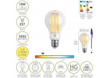 Bombilla Led Filamento Standar Rosca E27. 18 Watt. Equivale A 130 Watt. 2462 Lumenes. Luz Calida 2.700 º K.