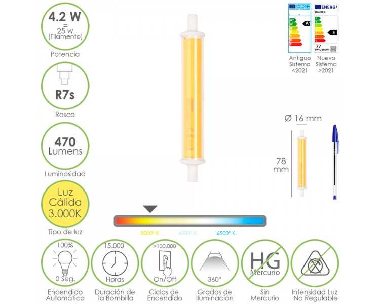 Bombilla Led Rosca R7s 4.2 Watt. Equivale A 25 Watt. 470 Lumenes. Luz Calida (3000º K.)