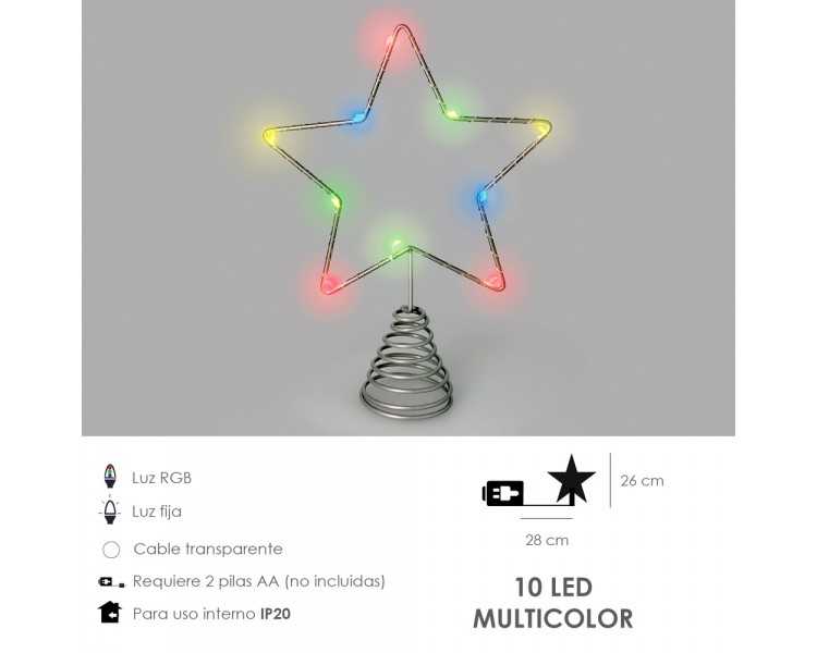 Guirnalda Adorno Luces Navidad Estrella Arbol Navidad Luz Multicolor. 10 Leds. Uso Interno Protección IP20. 2 Baterias AA