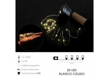 Luces Navidad Guirnalda Led con Tapon 20 Microled Blanco Calido IP20. A Pilas 3 LR44 (Si Incluidas)