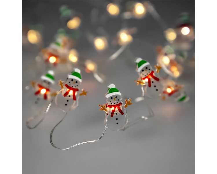 Guirnalda Luces Navidad A Pilas 20 Leds Muñecos de Nieve. Luz Calida Uso Interno IP20