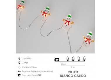 Guirnalda Luces Navidad A Pilas 20 Leds Muñecos de Nieve. Luz Calida Uso Interno IP20