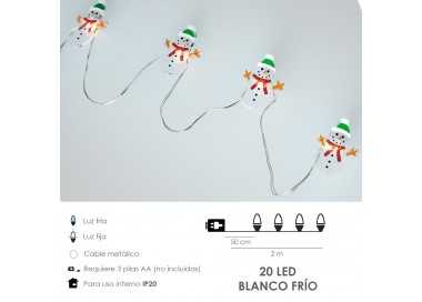 Guirnalda Luces Navidad A Pilas 20 Leds Muñecos de Nieve. Luz Fria Uso Interno IP20