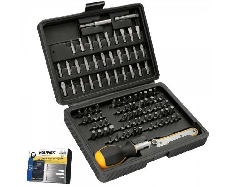 Juego Puntas con Destornillador 1/4" 99 Pzs. Con Apadtador. Cromo Vanadio, Kit Llave Combinada, Kit Carraca,