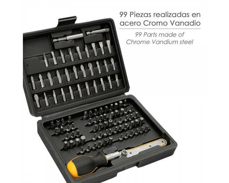 Juego Puntas con Destornillador 1/4" 99 Pzs. Con Apadtador. Cromo Vanadio, Kit Llave Combinada, Kit Carraca,