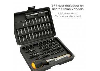 Juego Puntas con Destornillador 1/4" 99 Pzs. Con Apadtador. Cromo Vanadio, Kit Llave Combinada, Kit Carraca,