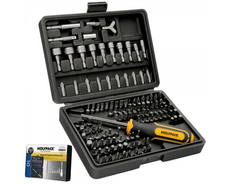 Juego Puntas con Destornillador 1/4" 122 Pzs. Con Apadtador. Cromo Vanadio, Kit Llave Combinada, Kit Carraca,