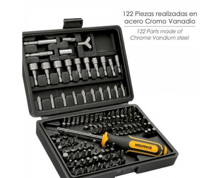 Juego Puntas con Destornillador 1/4" 122 Pzs. Con Apadtador. Cromo Vanadio, Kit Llave Combinada, Kit Carraca,