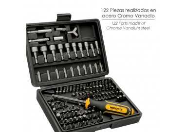 Juego Puntas con Destornillador 1/4" 122 Pzs. Con Apadtador. Cromo Vanadio, Kit Llave Combinada, Kit Carraca,