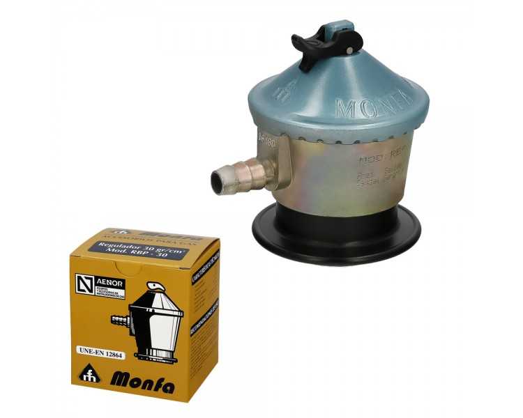 Regulador Gas Butano Monfa (30 Grms./cm2) Alcachofa Gas, Regulador Gas Butano. Presión 29 mbar. Caudal 2,5 Kg/hora