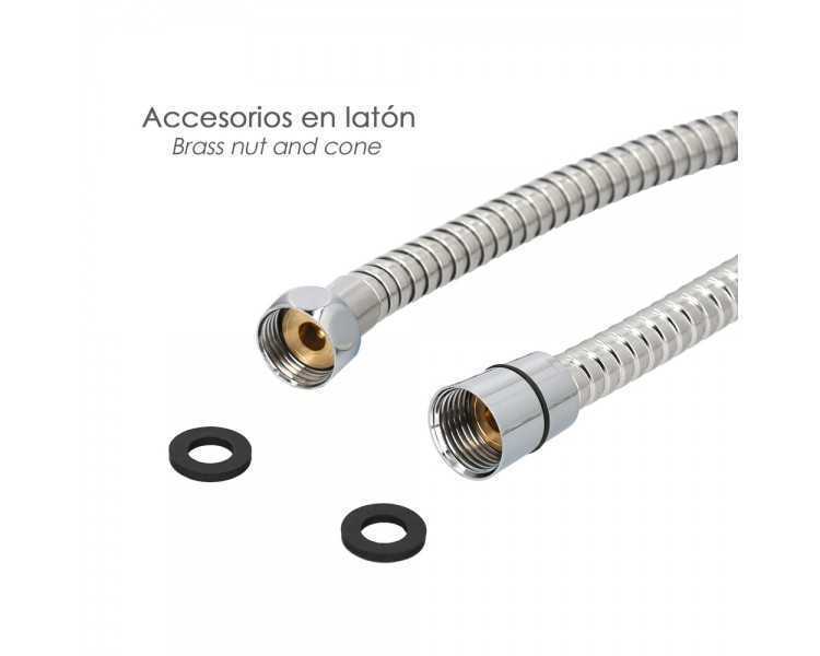Flexo / Manguera Ducha Acero Inoxidable 1,50 Metros Accesorios de Latón. Flexible, Resistente a Torceduras, Conexión Estandar