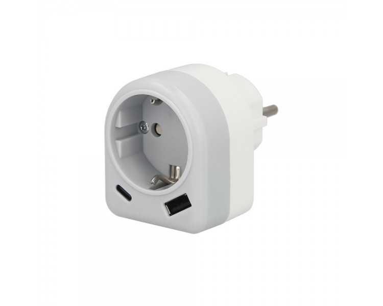 Enchufe / Adaptador Schuko Con 2 Tomas, USB A / C. Potencia Maxima 3680 W. Cargador Moviles, Cargador 2 Tomas, Adaptador Moviles