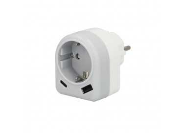 Enchufe / Adaptador Schuko Con 2 Tomas, USB A / C. Potencia Maxima 3680 W. Cargador Moviles, Cargador 2 Tomas, Adaptador Moviles