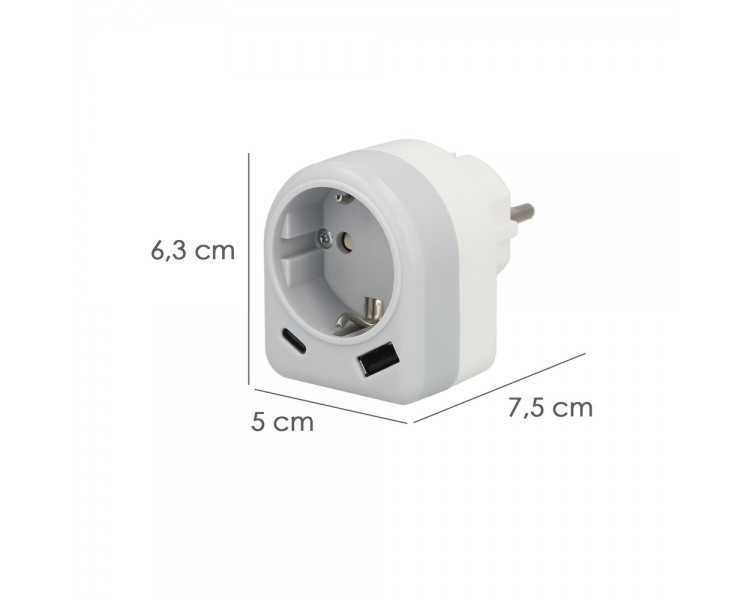Enchufe / Adaptador Schuko Con 2 Tomas, USB A / C. Potencia Maxima 3680 W. Cargador Moviles, Cargador 2 Tomas, Adaptador Moviles