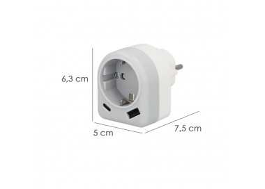 Enchufe / Adaptador Schuko Con 2 Tomas, USB A / C. Potencia Maxima 3680 W. Cargador Moviles, Cargador 2 Tomas, Adaptador Moviles