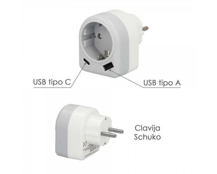 Enchufe / Adaptador Schuko Con 2 Tomas, USB A / C. Potencia Maxima 3680 W. Cargador Moviles, Cargador 2 Tomas, Adaptador Moviles
