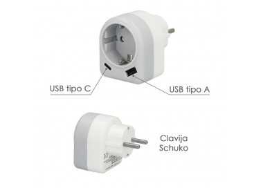 Enchufe / Adaptador Schuko Con 2 Tomas, USB A / C. Potencia Maxima 3680 W. Cargador Moviles, Cargador 2 Tomas, Adaptador Moviles