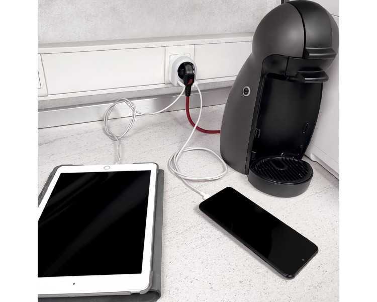Enchufe / Adaptador Schuko Con 2 Tomas, USB A / C. Potencia Maxima 3680 W. Cargador Moviles, Cargador 2 Tomas, Adaptador Moviles