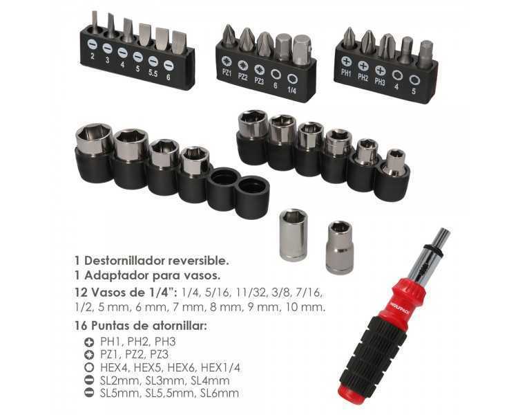 Juego Destornillador Carraca con 29 piezas. (12 vasos y 16 Puntas)