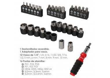 Juego Destornillador Carraca con 29 piezas. (12 vasos y 16 Puntas)