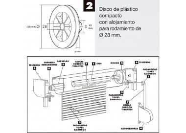 Disco Plastico Compacto Para Persianas. Rodamieto 120x40 mm. Para cintas hasta 20 mm.