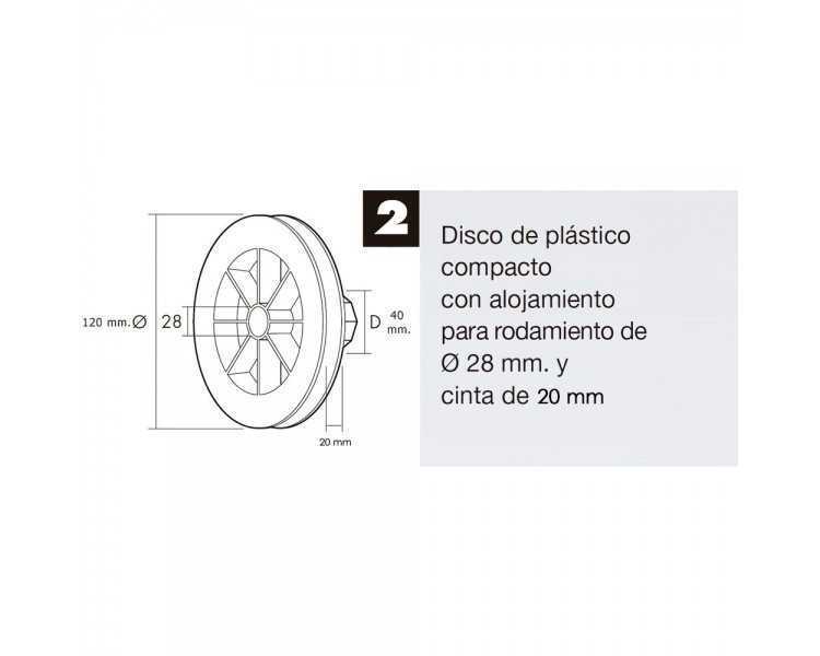 Disco Plastico Compacto Para Persianas. Rodamieto 120x40 mm. Para cintas hasta 20 mm.