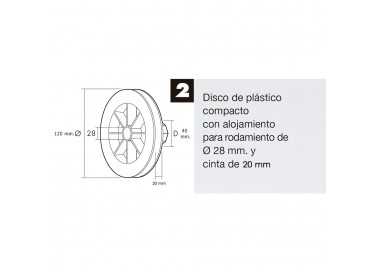 Disco Plastico Compacto Para Persianas. Rodamieto 120x40 mm. Para cintas hasta 20 mm.