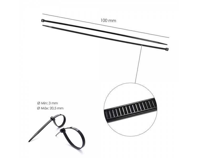 Brida Nylon 100%. Color Negro 2,5 x 100 mm. Bolsa 100 unidades. Abrazadera Plastico, Organizador Cables, Alta Resistencia
