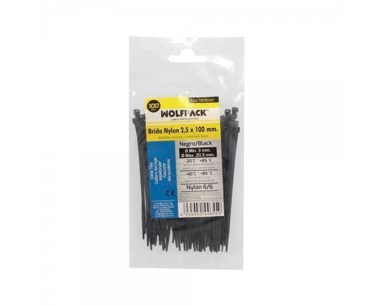 Brida Nylon 100%. Color Negro 2,5 x 100 mm. Bolsa 100 unidades. Abrazadera Plastico, Organizador Cables, Alta Resistencia