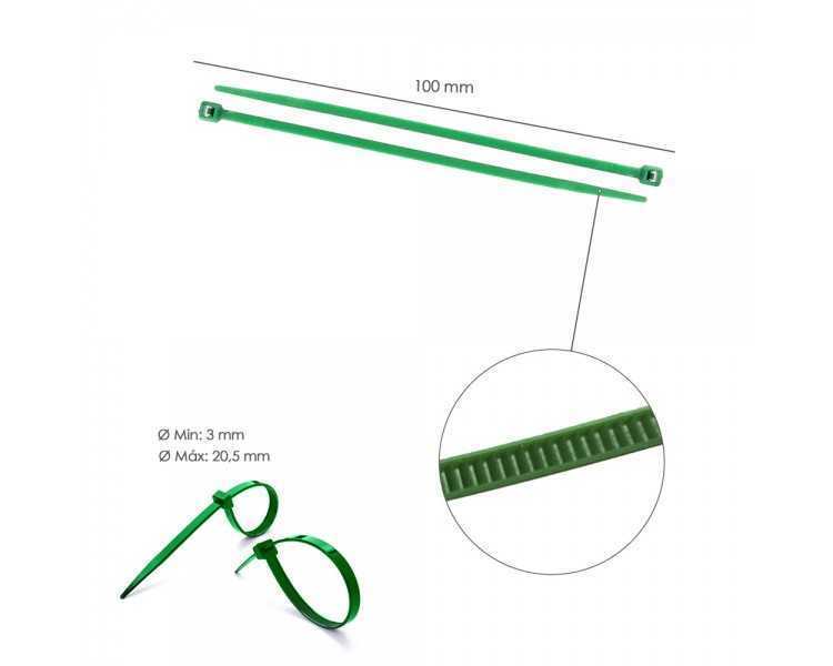 Brida Nylon 100%. Color Verde 2,5 x 100 mm. Bolsa 100 Unidades. Abrazadera Plastico, Organizador Cables, Alta Resistencia