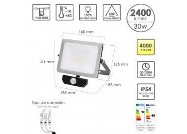 Foco Led Plano 30 Watt. Luz Blanca 4000º K  IP 65 2400 Lumenes Con Sensor de Presencia