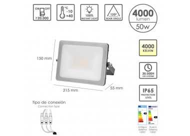 Foco Led Plano Potencia 50 Watt. 4000 Lumenes. Luz blanca 4000ºK Protección IP65. Cuerpo Aluminio. Foco Exteriores / Interiores.